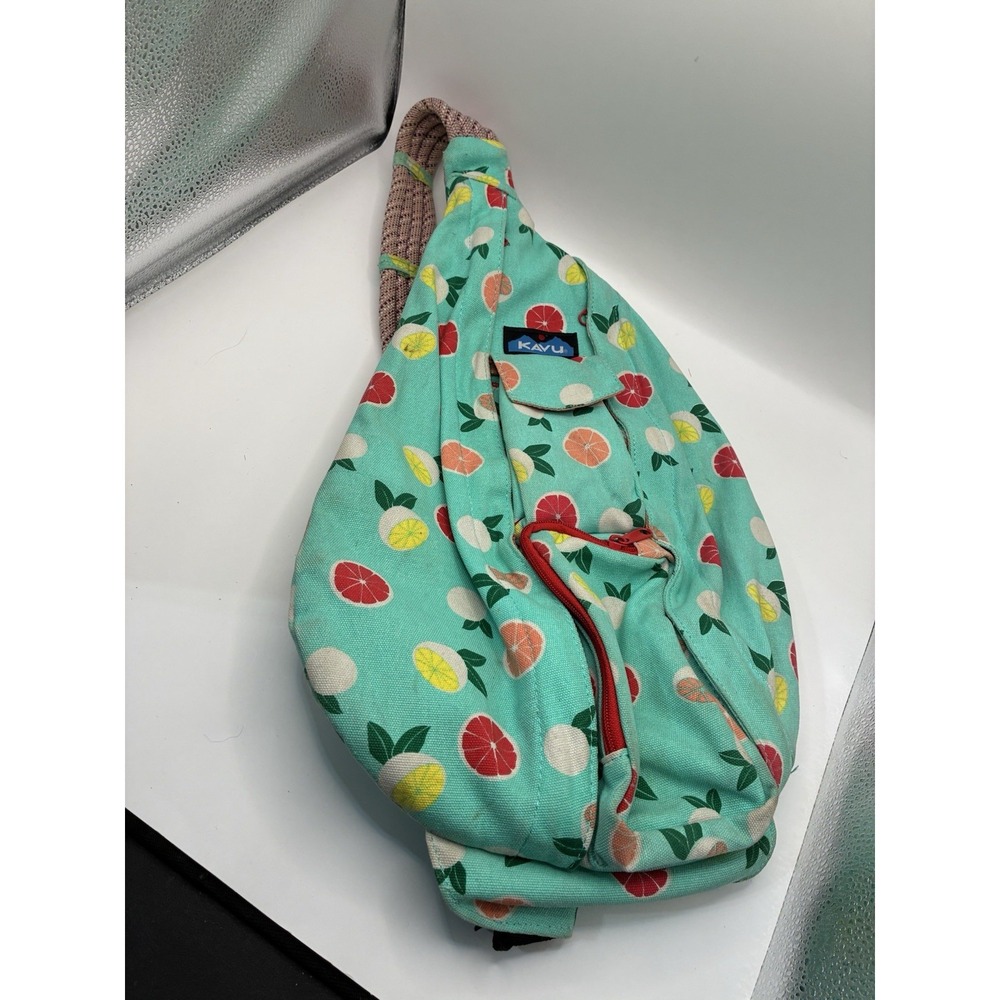 KAVU Blue/Green Multicolor Citrus Print Sling Bag Daypack, Zip, Adjustable Strap